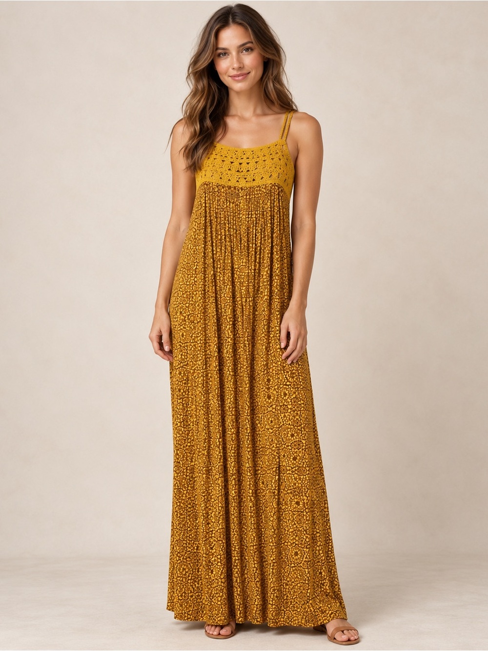 MODA International Dress Size M Mustard Crochet Boho Racerback Maxi